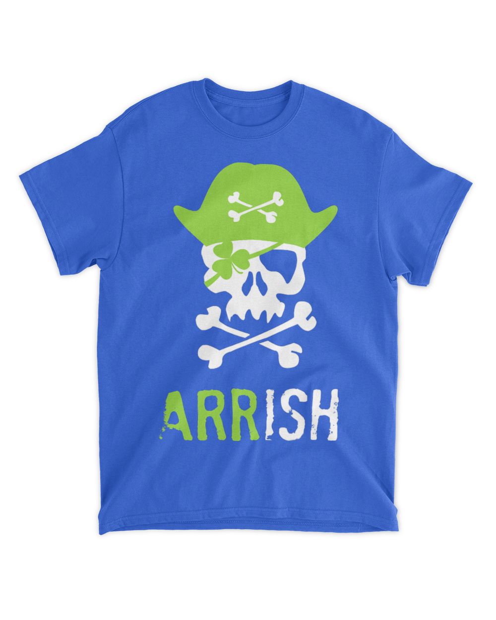 Blue T-shirt with green skull wearing hat and crossbones, 'ARRISH' text