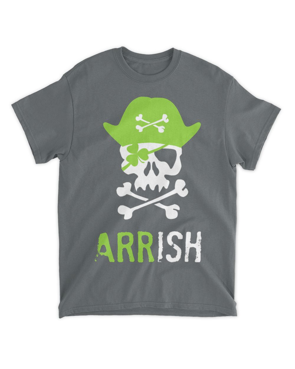 Gray T-shirt with green skull wearing hat and crossbones, 'ARRISH' text