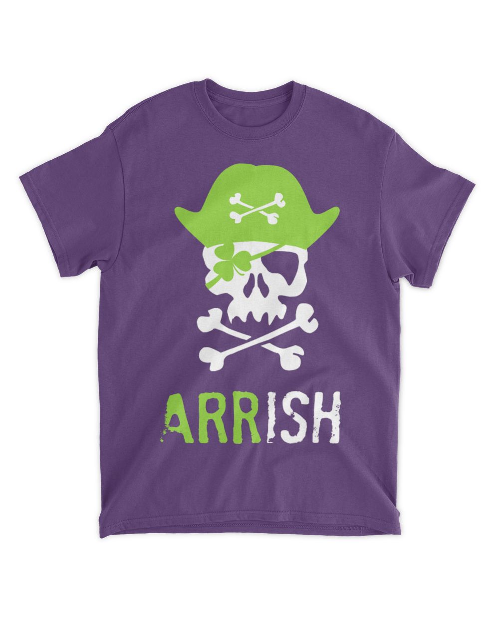 Purple T-shirt with green skull wearing hat and crossbones, 'ARRISH' text