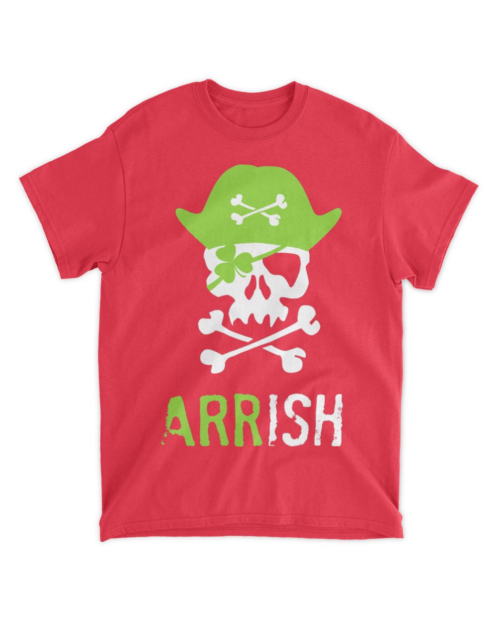 Red T-shirt with green skull wearing hat and crossbones, 'ARRISH' text