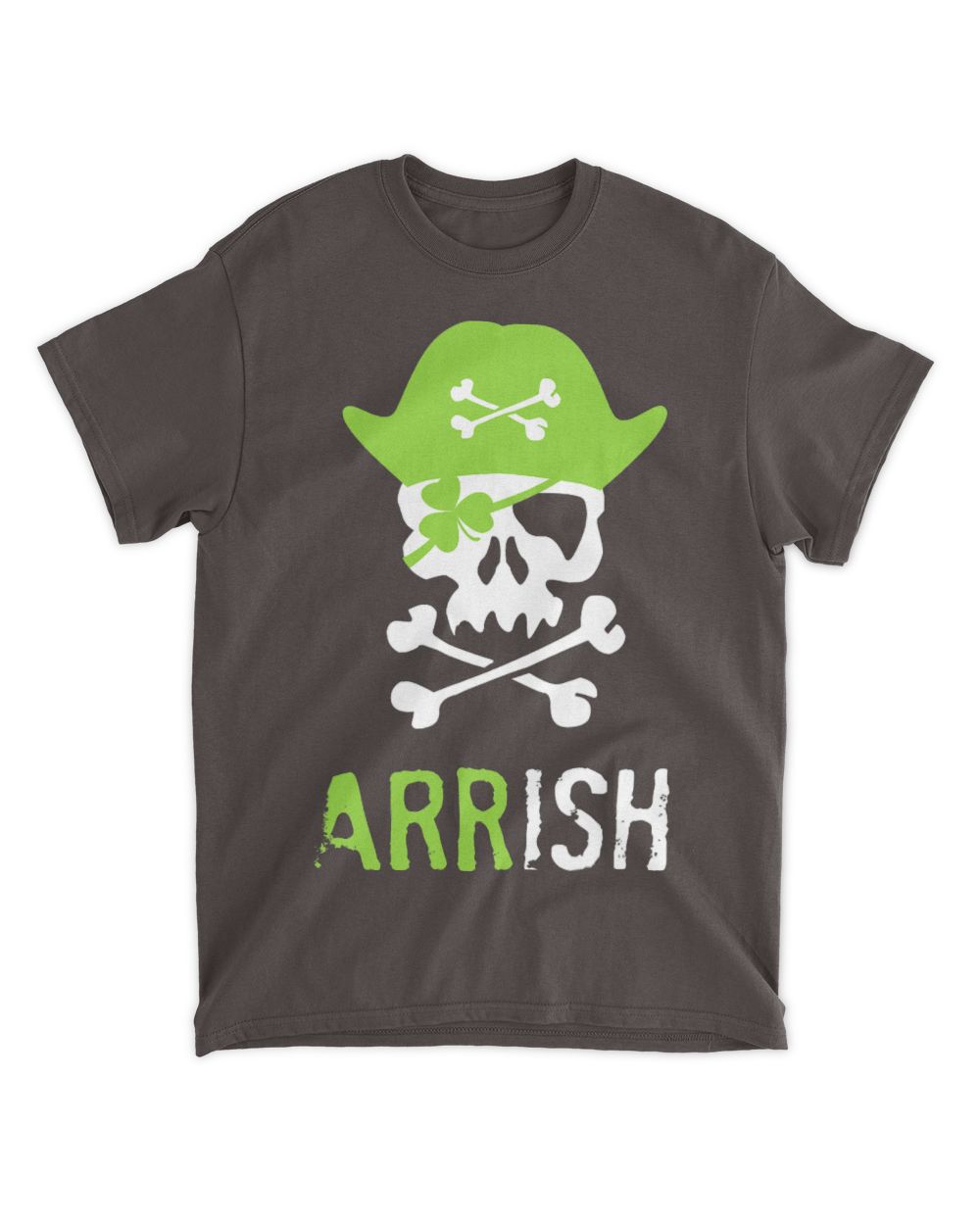 Charcoal T-shirt with green skull wearing hat and crossbones, 'ARRISH' text