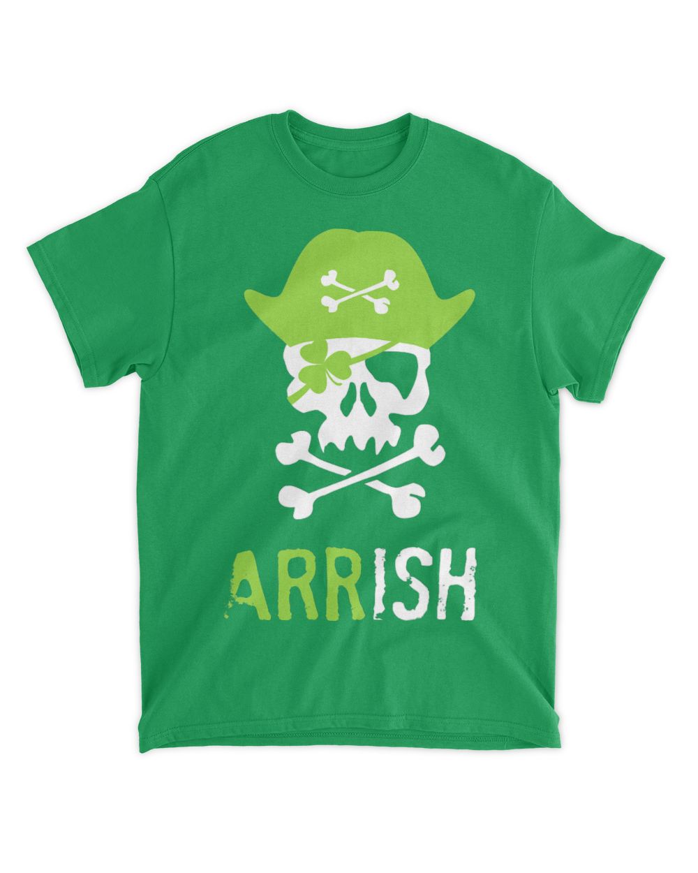 Green T-shirt with green skull wearing hat and crossbones, 'ARRISH' text