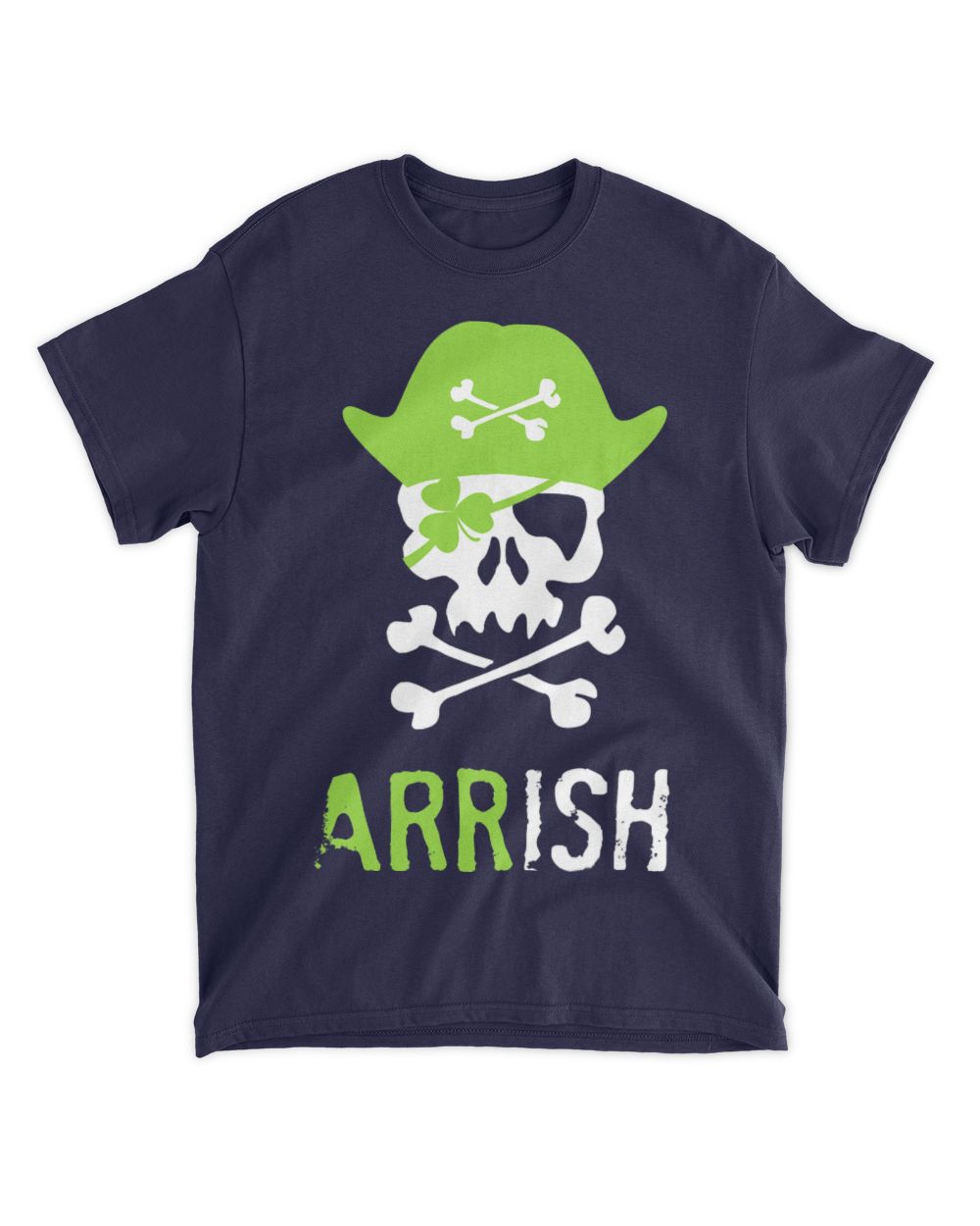 Navy T-shirt with green skull wearing hat and crossbones, 'ARRISH' text