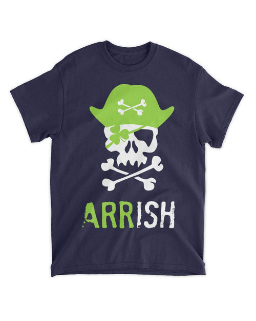Navy T-shirt with green skull wearing hat and crossbones, 'ARRISH' text