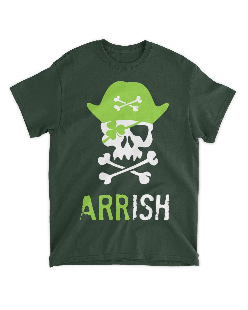 Dark green T-shirt with green skull wearing hat and crossbones, 'ARRISH' text