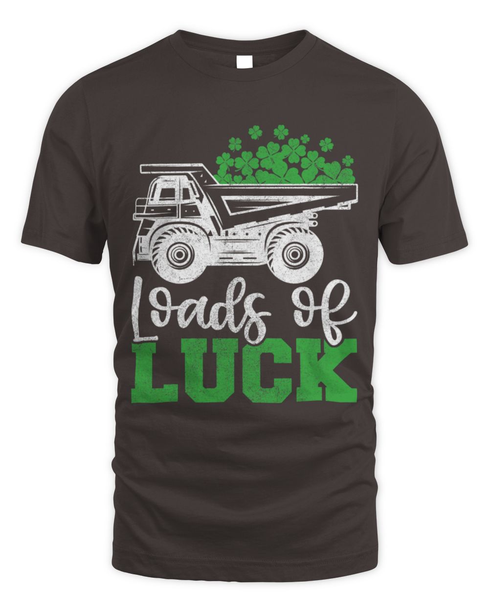 Kids St. Patrick's T-shirt, dark brown, trash truck 'Loads of Luck' shamrock print.