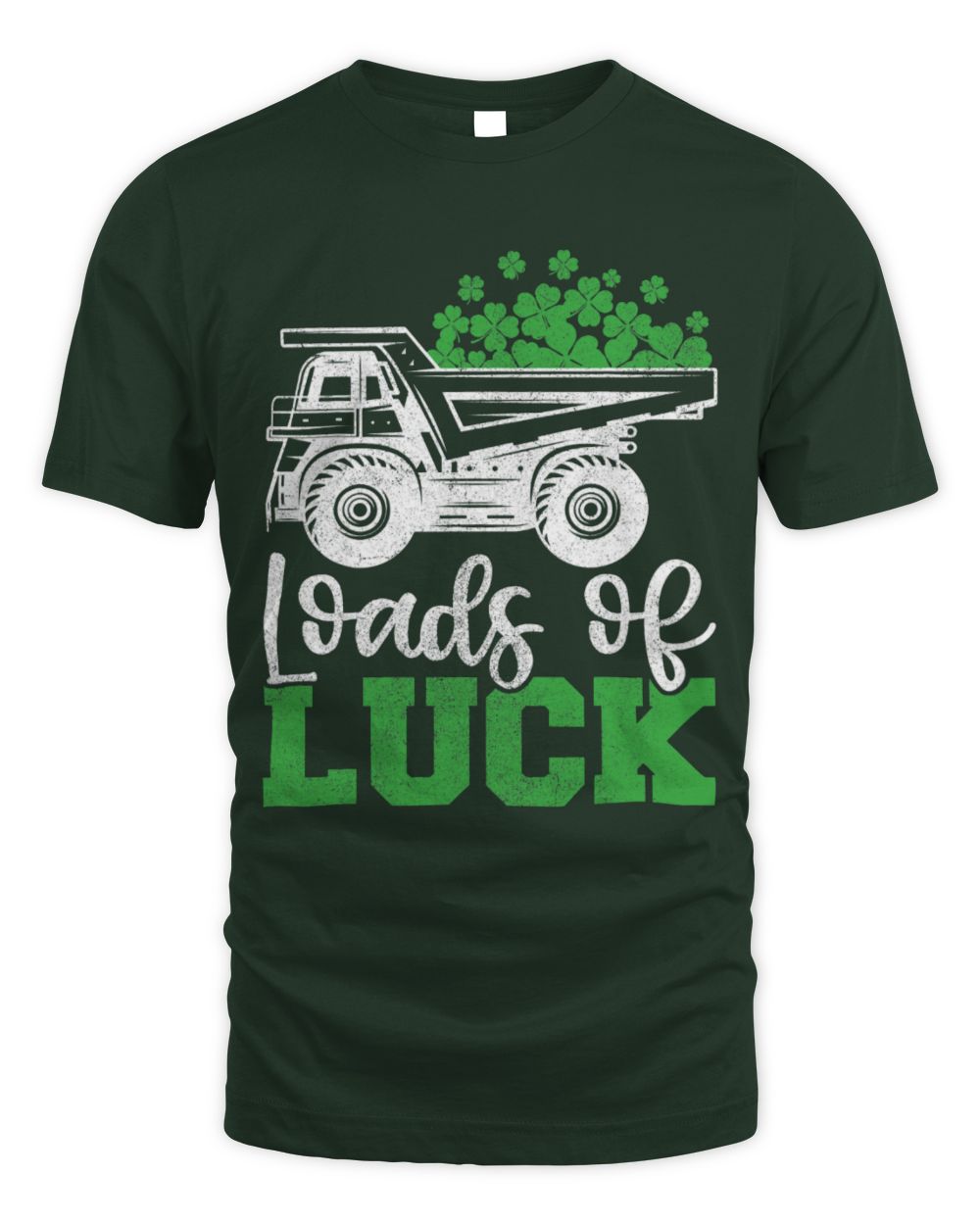 Kids St. Patrick's T-shirt, dark green, trash truck 'Loads of Luck' shamrock print.