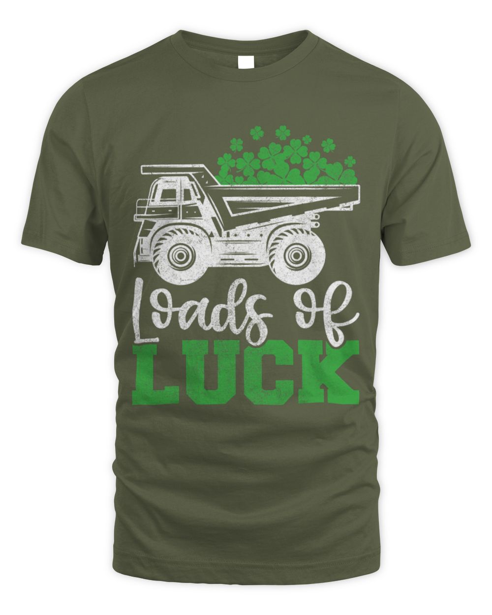 Kids St. Patrick's T-shirt, olive, trash truck 'Loads of Luck' shamrock print.