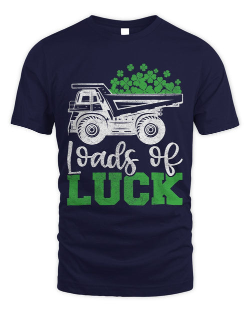 Kids St. Patrick's T-shirt, navy, trash truck 'Loads of Luck' shamrock print.