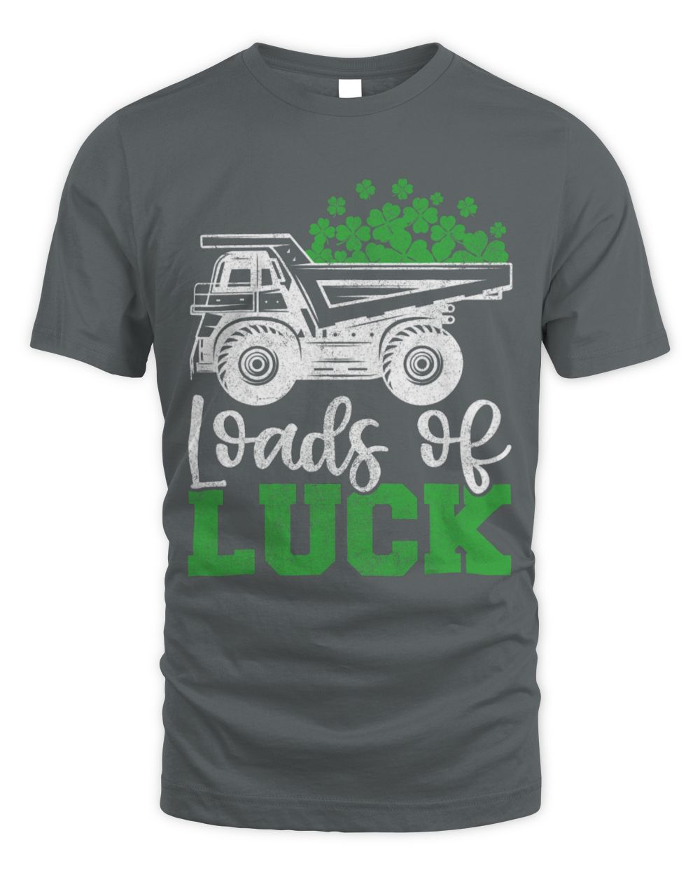 Kids St. Patrick's T-shirt, dark gray, trash truck 'Loads of Luck' shamrock print.