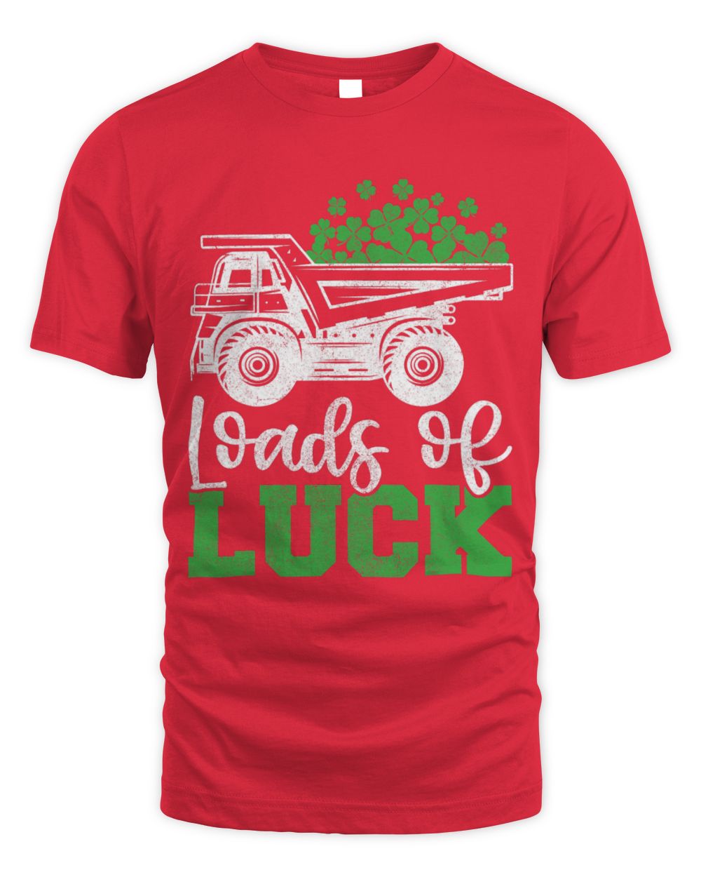 Kids St. Patrick's T-shirt, red, trash truck 'Loads of Luck' shamrock print.