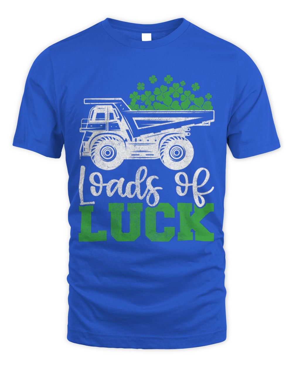 Kids St. Patrick's T-shirt, royal blue, trash truck 'Loads of Luck' shamrock print.